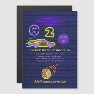 Neon sign Racing Car themed Boy 2. Geburtstag Part Magneteinladung