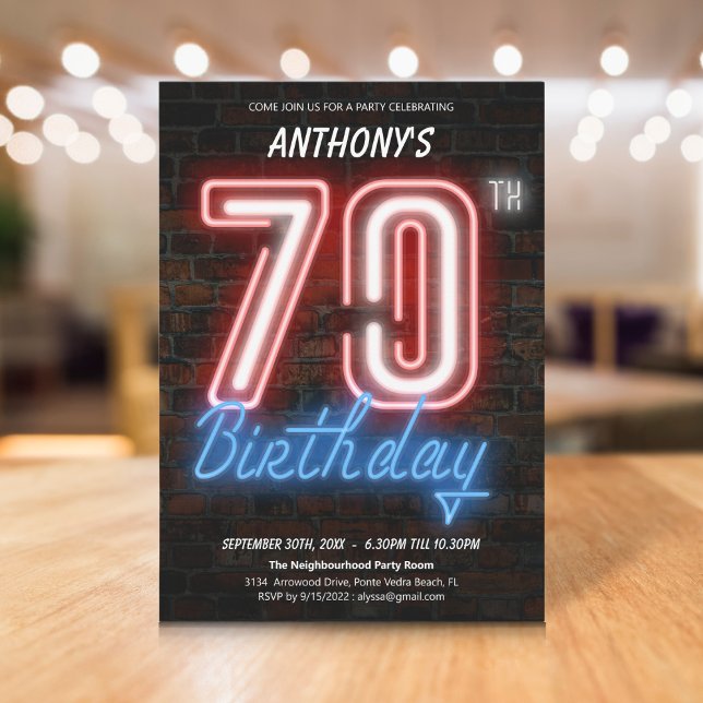 Neon Sign Retro 70. Geburtstagsparty Einladung (Neon Sign Retro 70th Birthday Party Invitation)