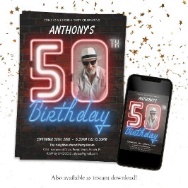 Neon Sign Retro Custom Foto 50. Geburtstagsparty Einladung