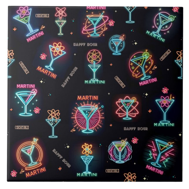 Neon Sign Space Age AtomMartini Cocktails Print Fliese (Vorderseite)