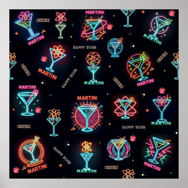 Neon Sign Space Age AtomMartini Cocktails Print Poster (Vorne)