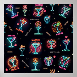 Neon Sign Space Age AtomMartini Cocktails Print Poster