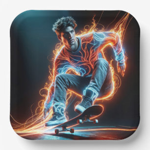 Neon Skateboarder mit fiery Light Trails Pappteller