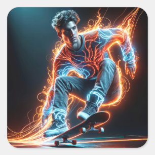Neon Skateboarder mit fiery Light Trails Quadratischer Aufkleber