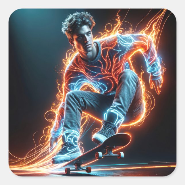 Neon Skateboarder mit fiery Light Trails Quadratischer Aufkleber (Vorderseite)