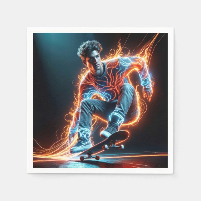 Neon Skateboarder mit fiery Light Trails Serviette (Vorderseite)