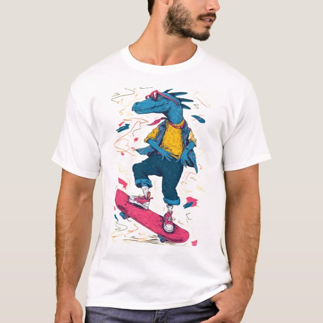 Neon Skater Dino – Street Art Illustration T-Shirt (Vorderseite)