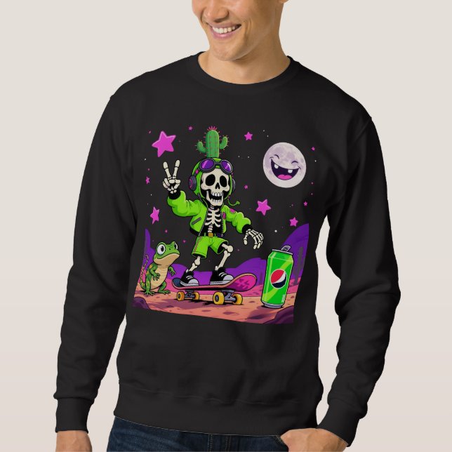 Neon Skeleton Skateboarder Rebel Cartoon Sweatshirt (Vorderseite)