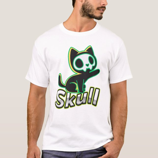 Neon Skull Cat Kawaii Gothic Art T-Shirt (Vorderseite)