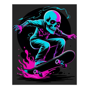 Neon Skull Skateboard Art - Edgy Skater Design Poster