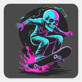 Neon Skull Skateboard Art - Edgy Skater Design Quadratischer Aufkleber