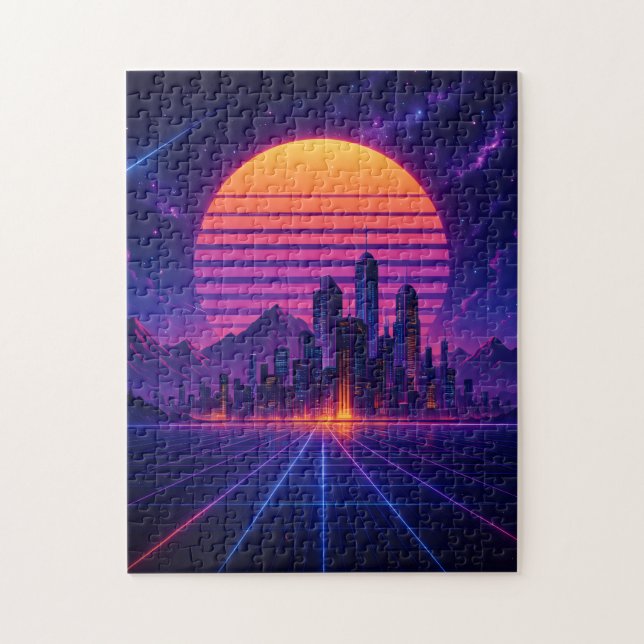 Neon Skyline Horizon – Retro Synthwave Cityscape Puzzle (Vertikal)