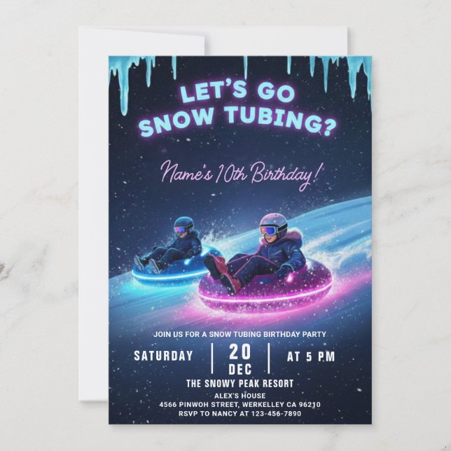 Neon Snow Tubing Birthday Invitation Winter Party Einladung (Vorderseite)
