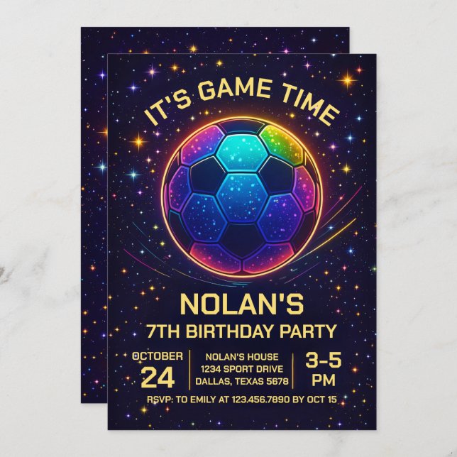 Neon Soccer Birthday Invitation Einladung (Vorne/Hinten)