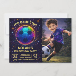 Neon Soccer Birthday Photo Invitation Einladung