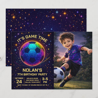 Neon Soccer Birthday Photo Invitation Einladung