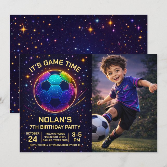 Neon Soccer Birthday Photo Invitation Einladung (Vorne/Hinten)