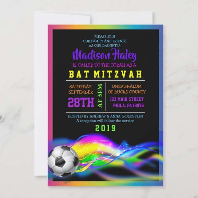 NEON SOCCER GIRLS Bat Mitzvah Einladung (Vorderseite)