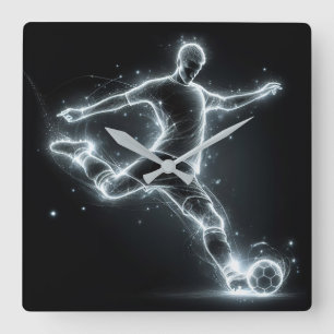 Neon Soccer Player auf schwarz Quadratische Wanduhr