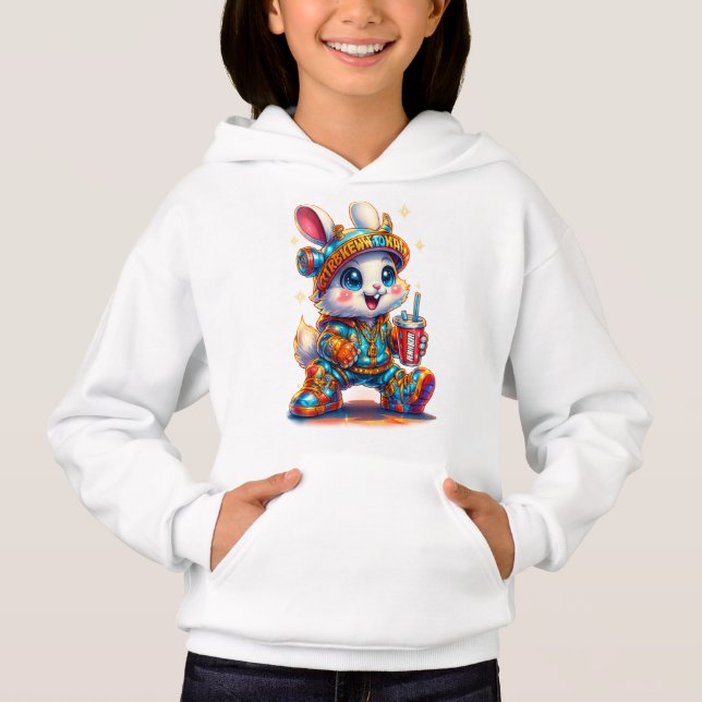 Neon Soda Bunny – Cute Y2K Streetwear Kids Hoodie (Vorderseite)