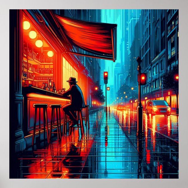 Neon Solitude: Rainy Night im City Cafe Poster (Vorne)