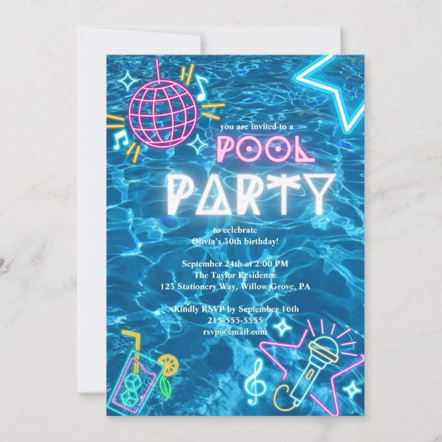 Neon-Sommer-Poolparty-Geburtstag Einladung (Vorderseite)