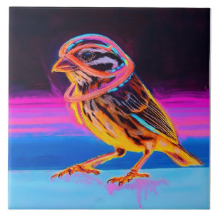 Neon Sparrow mit leuchtenden Akzenten Fliese