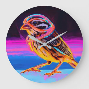 Neon Sparrow mit leuchtenden Akzenten Große Wanduhr