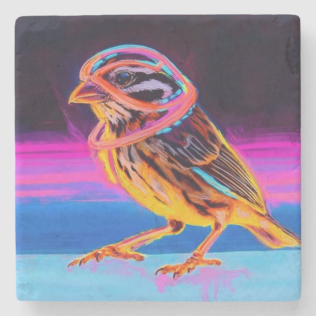 Neon Sparrow mit leuchtenden Akzenten Steinuntersetzer (Vorderseite)