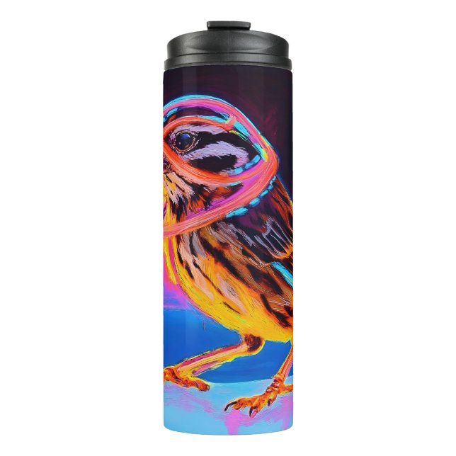 Neon Sparrow mit leuchtenden Akzenten Thermosbecher (Vorderseite)