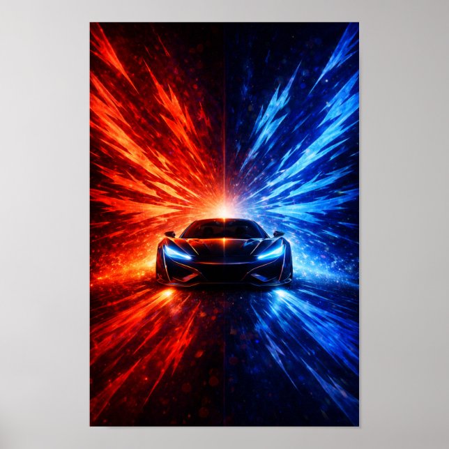 Neon Split Speed Supercar – Red & Blue Energy Burs Poster (Vorne)