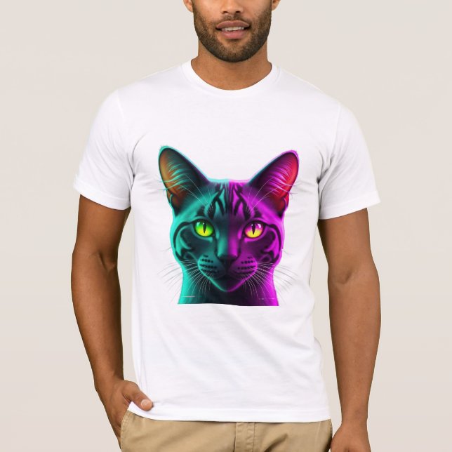 Neon-Split-Ton-Synthwave-Katzenporträt T-Shirt (Vorderseite)