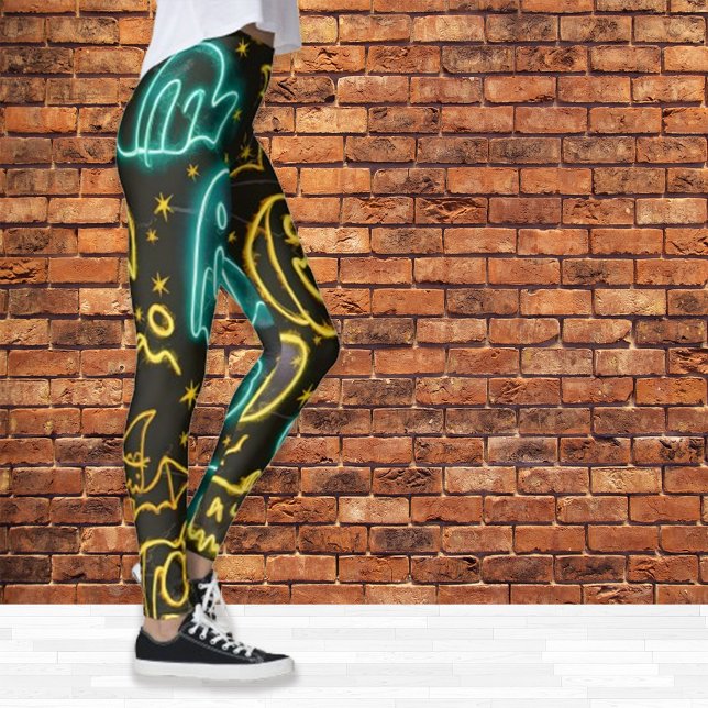 Neon Spooky Halloween Ghost Bats Pumpkins Muster Leggings (Von Creator hochgeladen)
