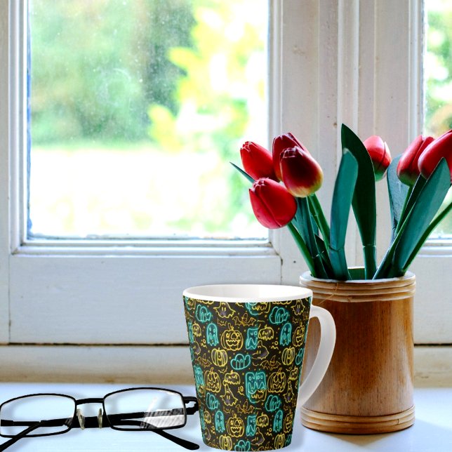 Neon Spooky Halloween Ghost Bats Pumpkins Muster Milchtasse (Von Creator hochgeladen)