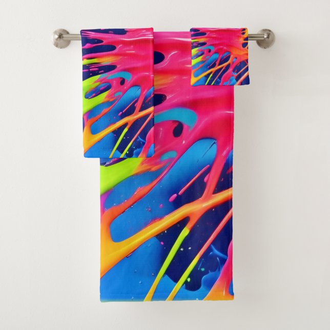Neon Spritzer: Abstrakte und lebendige Kunst Badhandtuch Set (Insitu)