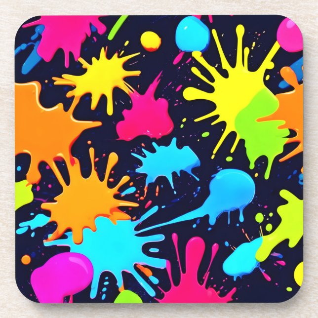 Neon Spritzer Art: Lebendiger Abstrakter Expressio Getränkeuntersetzer (Vorderseite)