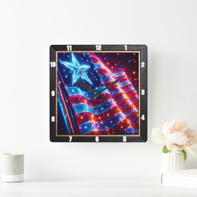 Neon Star American Flag Modern Quadratische Wanduhr (Zuhause)