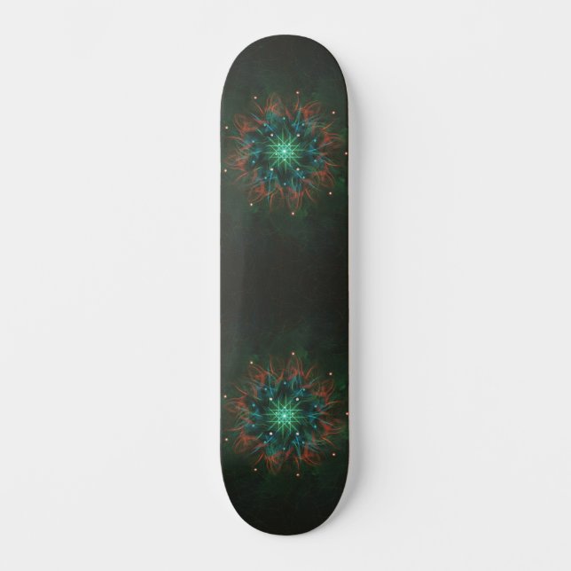 Neon Starburst Fractal – Glowing Green and Electri Skateboard (Vorderseite)