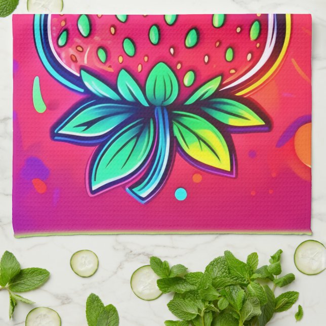 Neon Strawberry Pop Geschirrtuch (Gefaltet)