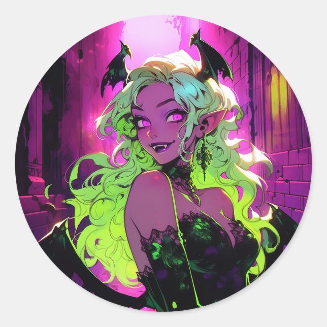 Neon Succubus Demon Anime Girl Runder Aufkleber (Vorderseite)