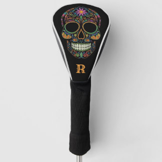 Neon Sugar Skull Day of the Dead Monogram Initial Golf Headcover