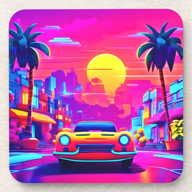 Neon Sunset City Drive Getränkeuntersetzer (Vorderseite)