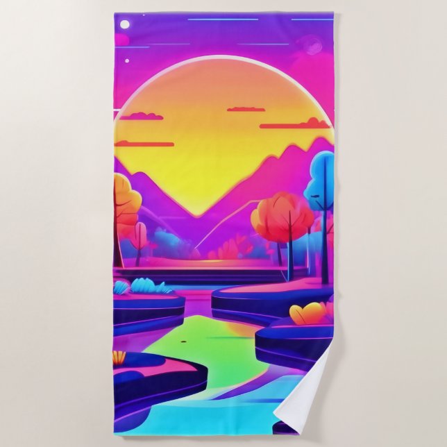 Neon Sunset Landschaft Strandtuch (Vorderseite)