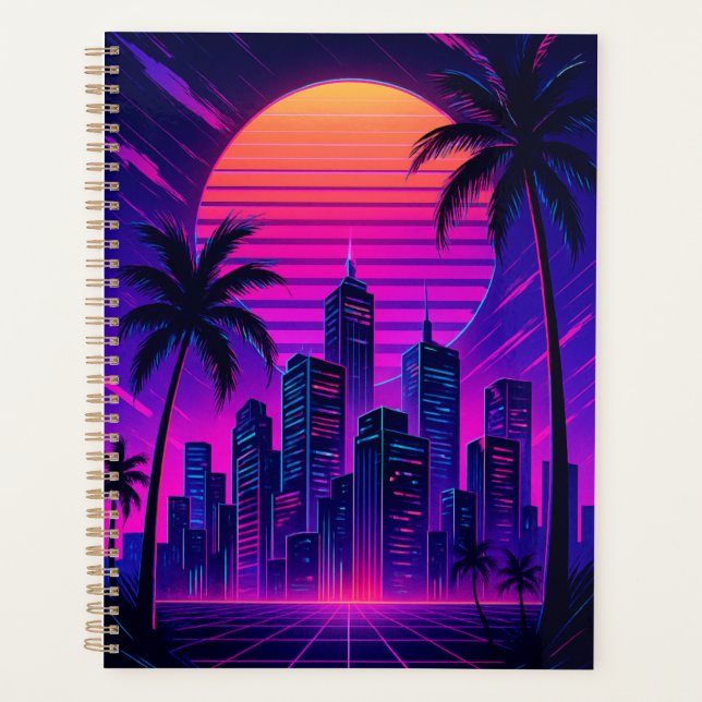 Neon Sunset Retro-Futuristic Citycape Planer (Vorderseite)