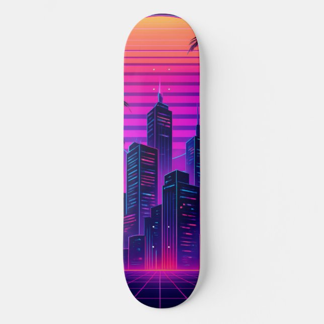 Neon Sunset Retro-Futuristic Citycape Skateboard (Vorderseite)