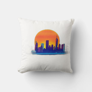Neon Sunset Skyline mit Brick Texture Kissen