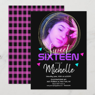 Neon Sweet Sixteen Goldring Konfetti Foto Grid Einladung