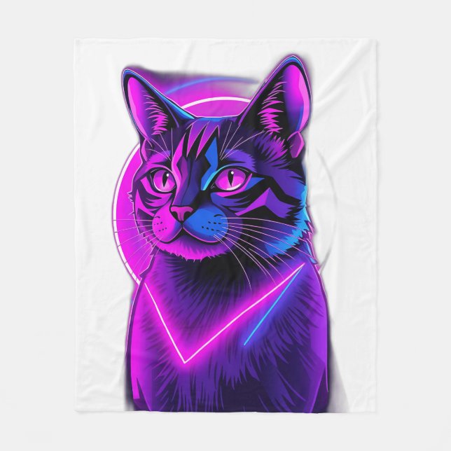 Neon Synthwave Cat Art Fleecedecke (Vorderseite)