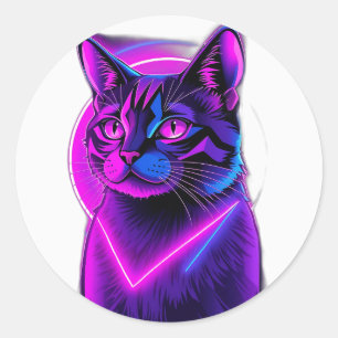 Neon Synthwave Cat Art Runder Aufkleber