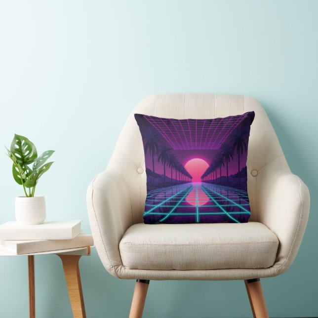 Neon Synthwave Gitter & Palmen Retro Kissen (Stuhl )